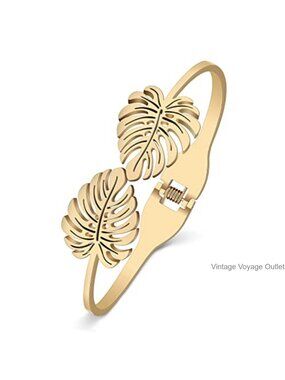 Stainless Steel Gold Plated Leaf Cuff Bracelet with Crystal Accents for Women